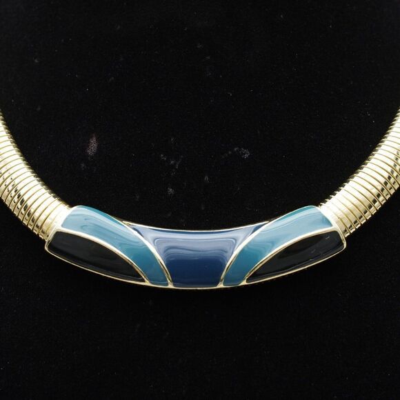 Trifari Omega Necklace Vintage 1980s Signed Modernist Gold Tone Enameled - Picture 2 of 12